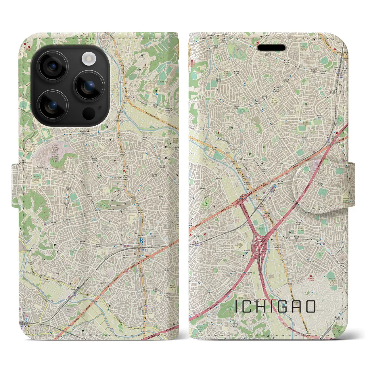 【市が尾（神奈川県）】地図柄iPhoneケース（手帳タイプ）ナチュラル・iPhone 16 用