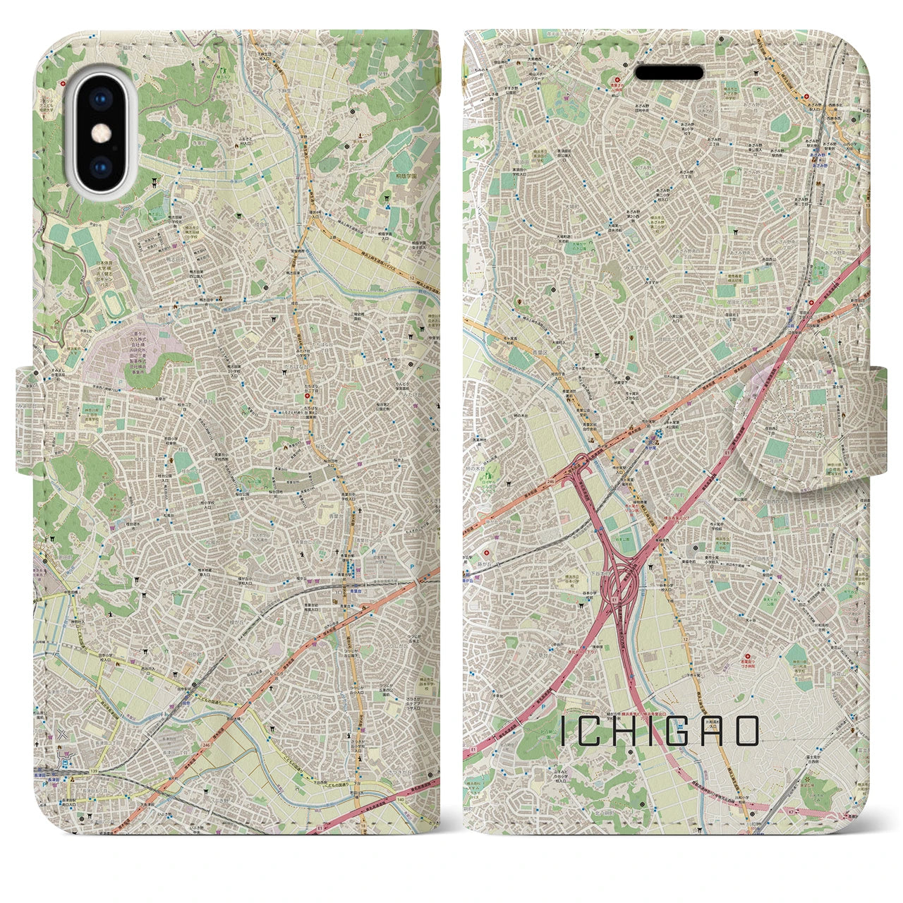 【市が尾（神奈川県）】地図柄iPhoneケース（手帳タイプ）ナチュラル・iPhone XS Max 用