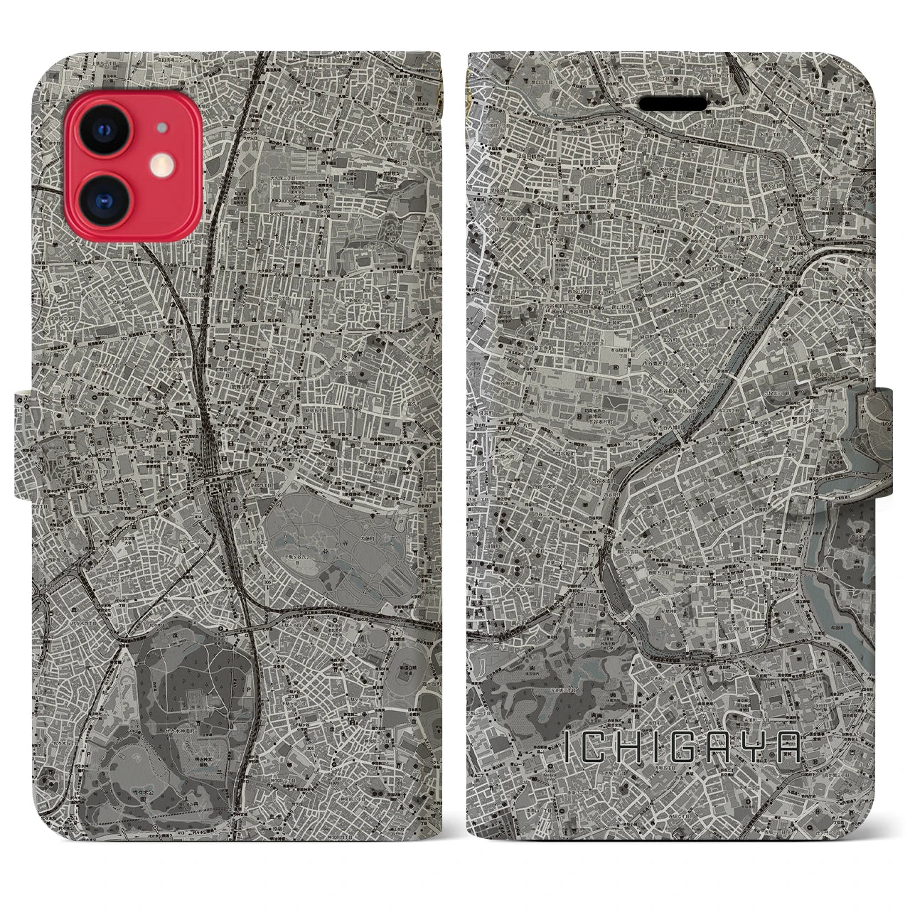 【市ケ谷】地図柄iPhoneケース（手帳両面タイプ・モノトーン）iPhone 11 用