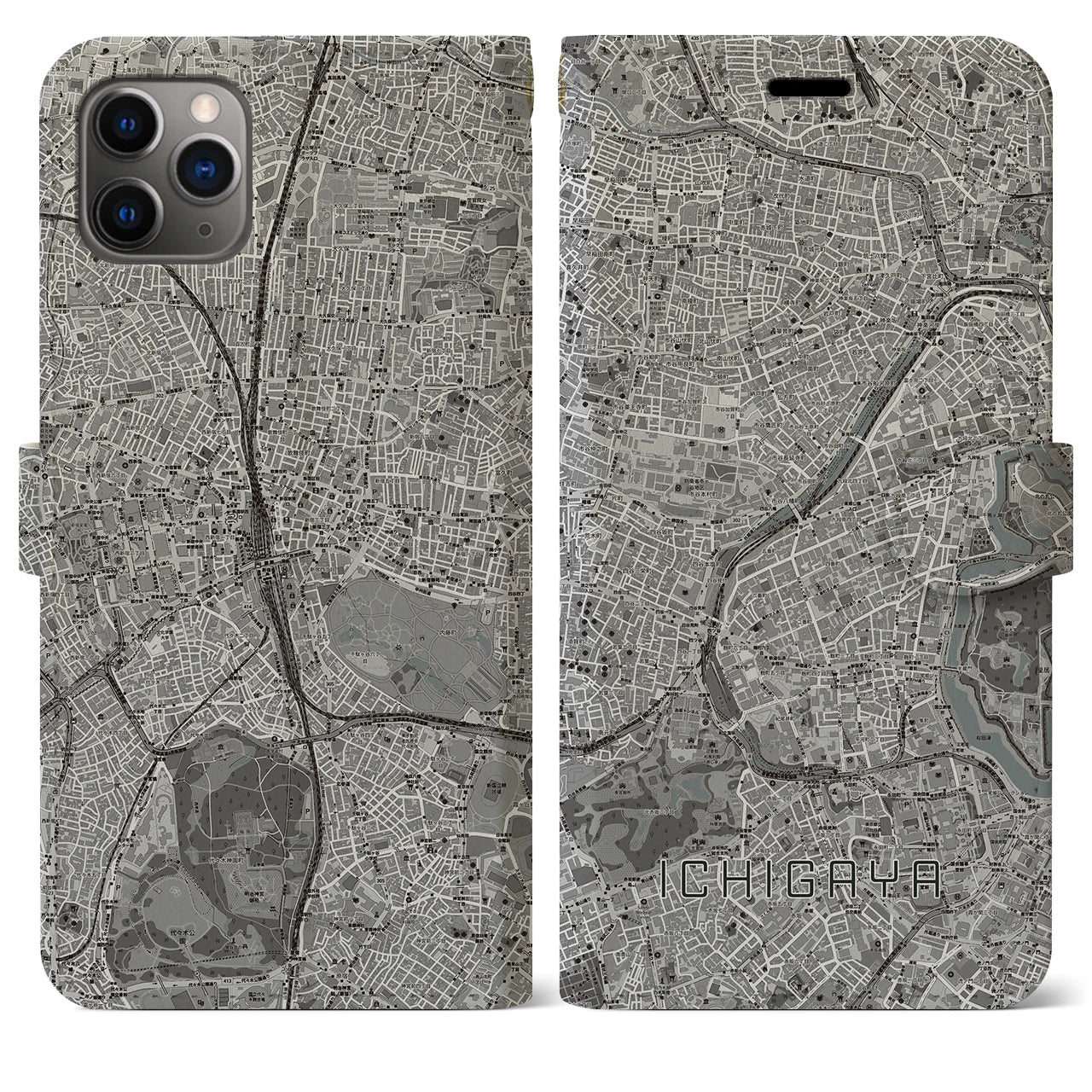 【市ケ谷】地図柄iPhoneケース（手帳両面タイプ・モノトーン）iPhone 11 Pro Max 用