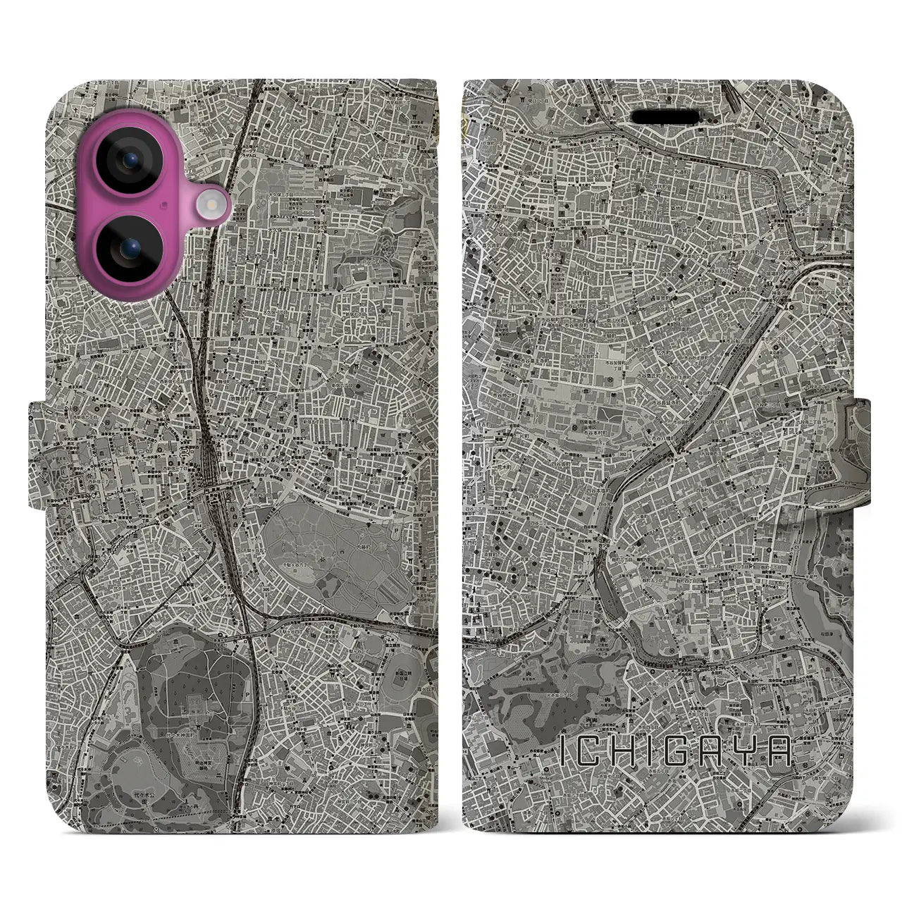 【市ケ谷（東京都）】地図柄iPhoneケース（手帳タイプ）モノトーン・iPhone 16 Pro 用