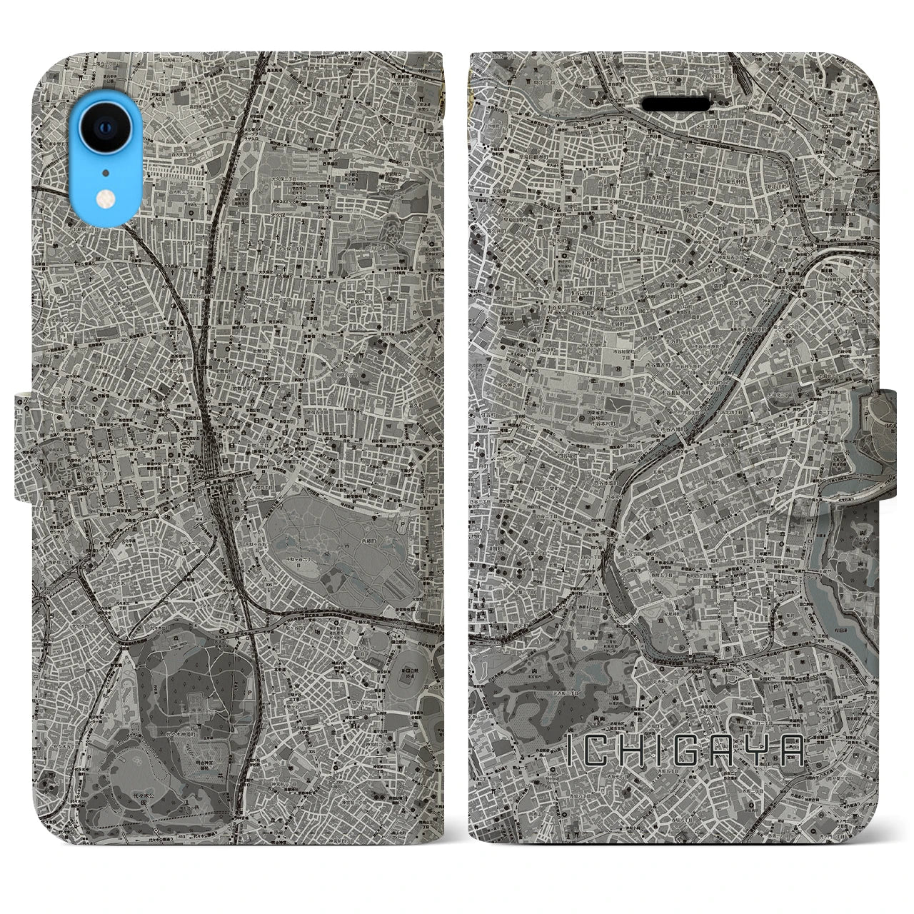 【市ケ谷】地図柄iPhoneケース（手帳両面タイプ・モノトーン）iPhone XR 用