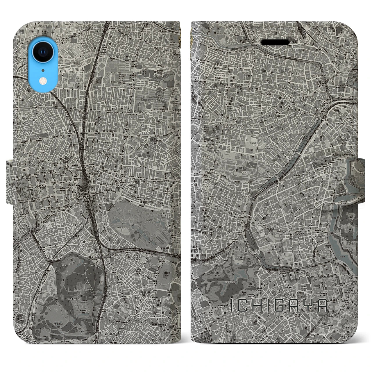 【市ケ谷（東京都）】地図柄iPhoneケース（手帳タイプ）モノトーン・iPhone XR 用