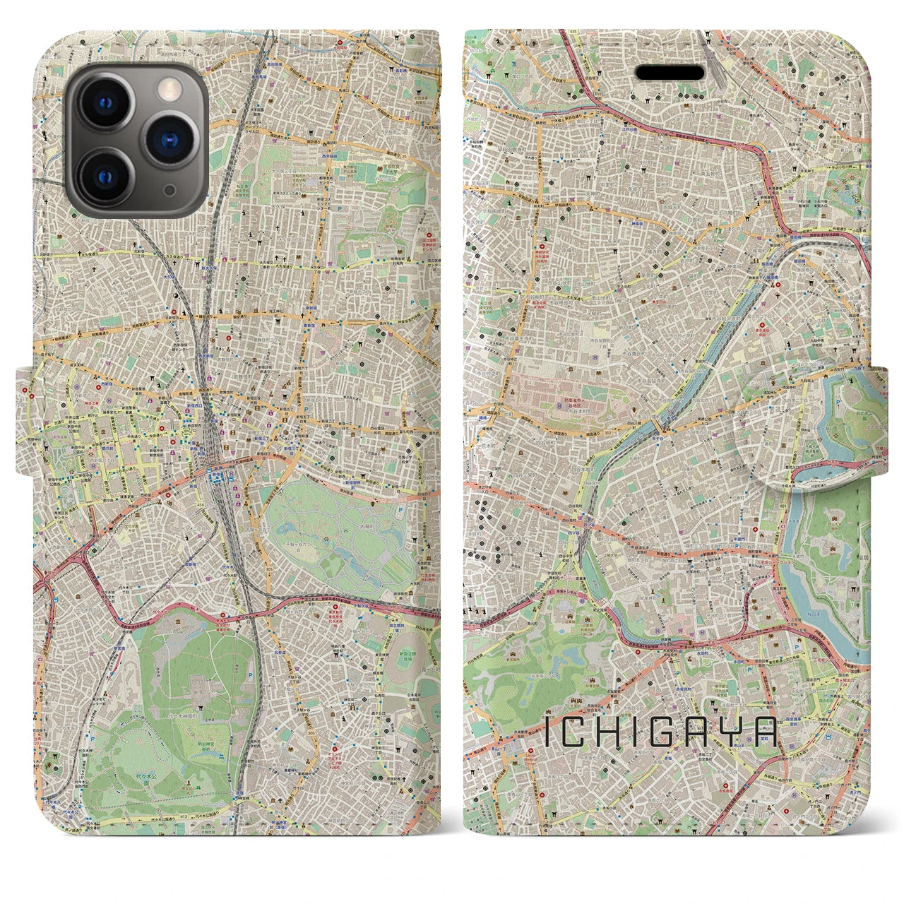 【市ケ谷（東京都）】地図柄iPhoneケース（手帳タイプ）ナチュラル・iPhone 11 Pro Max 用