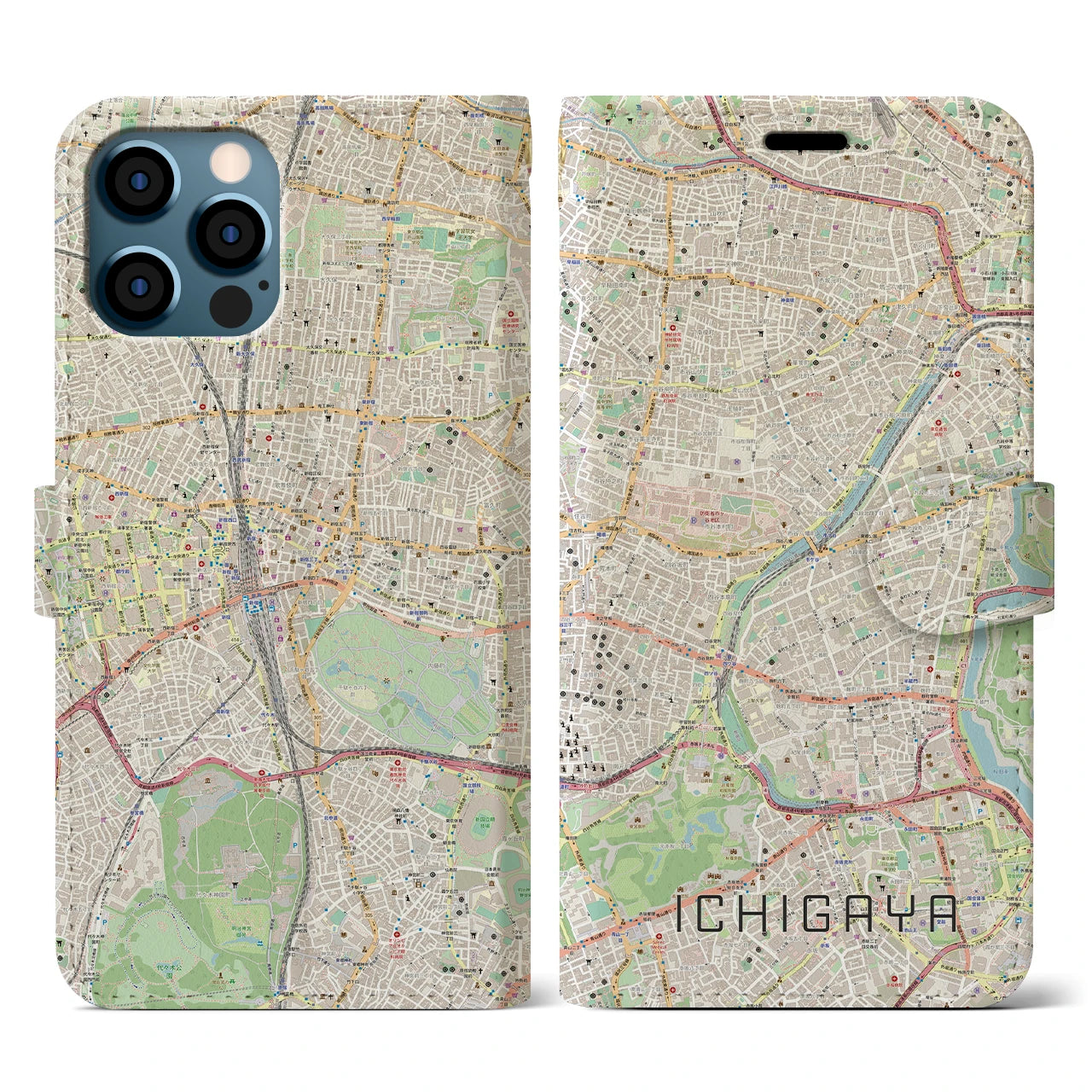 【市ケ谷（東京都）】地図柄iPhoneケース（手帳タイプ）ナチュラル・iPhone 12 / 12 Pro 用