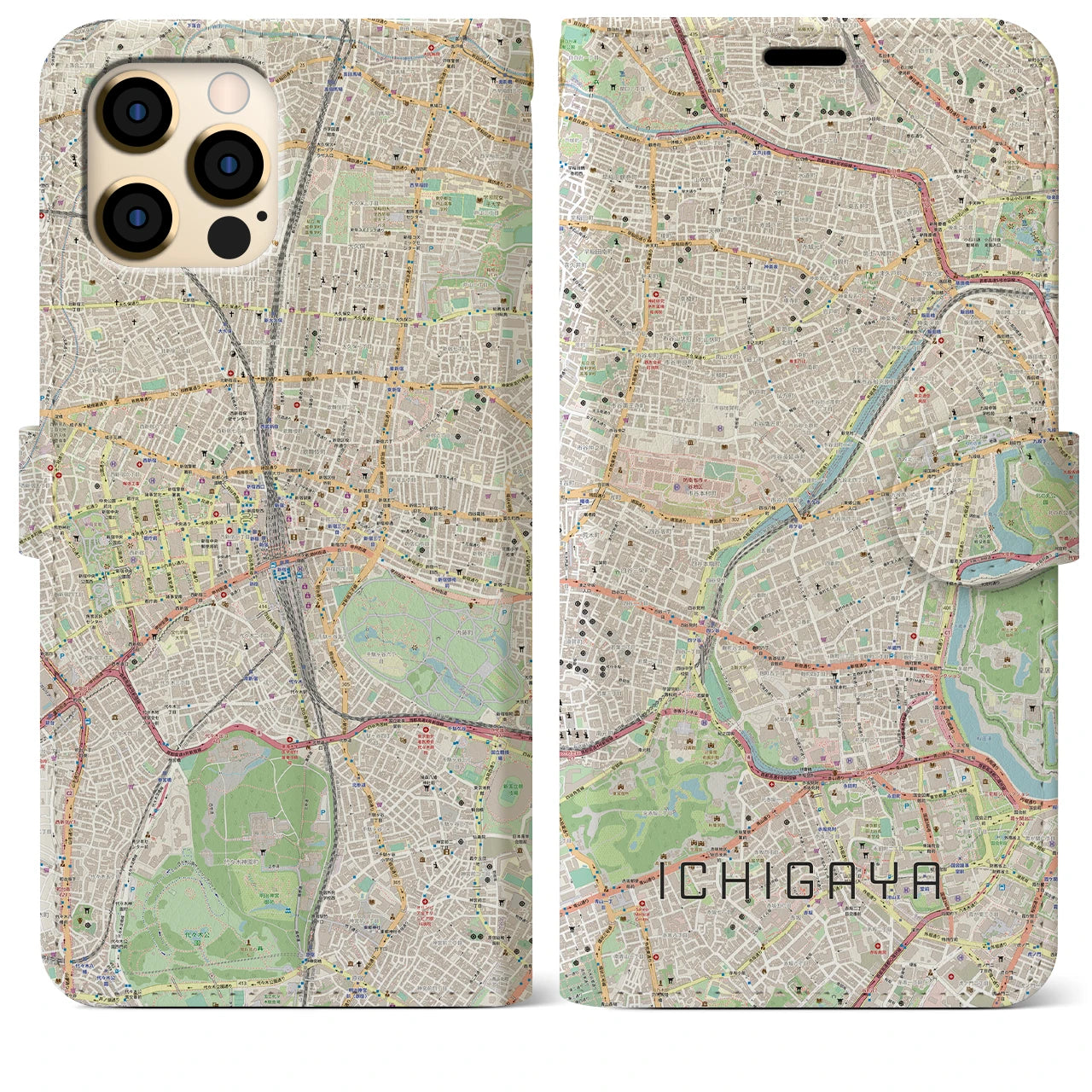 【市ケ谷（東京都）】地図柄iPhoneケース（手帳タイプ）ナチュラル・iPhone 12 Pro Max 用