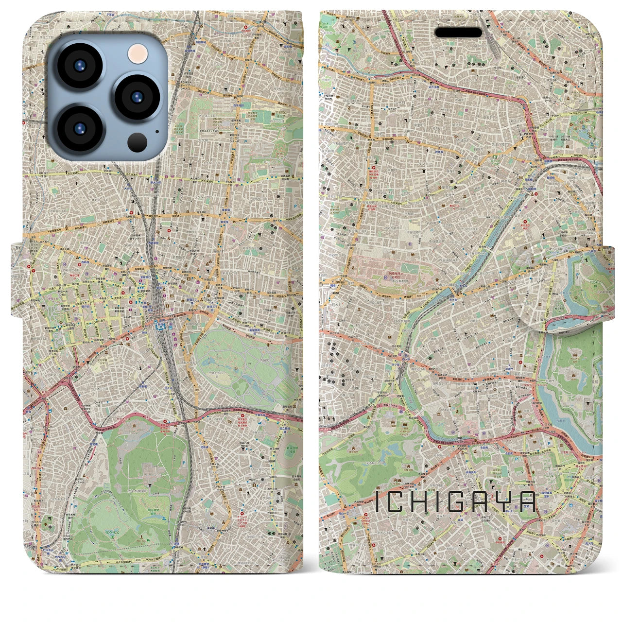 【市ケ谷（東京都）】地図柄iPhoneケース（手帳タイプ）ナチュラル・iPhone 13 Pro Max 用