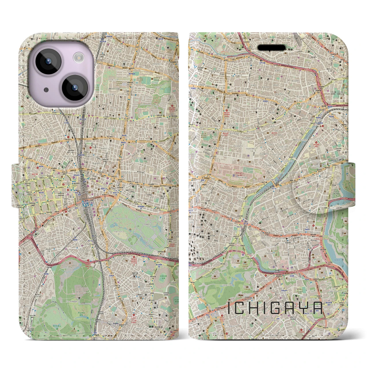 【市ケ谷（東京都）】地図柄iPhoneケース（手帳タイプ）ナチュラル・iPhone 14 用