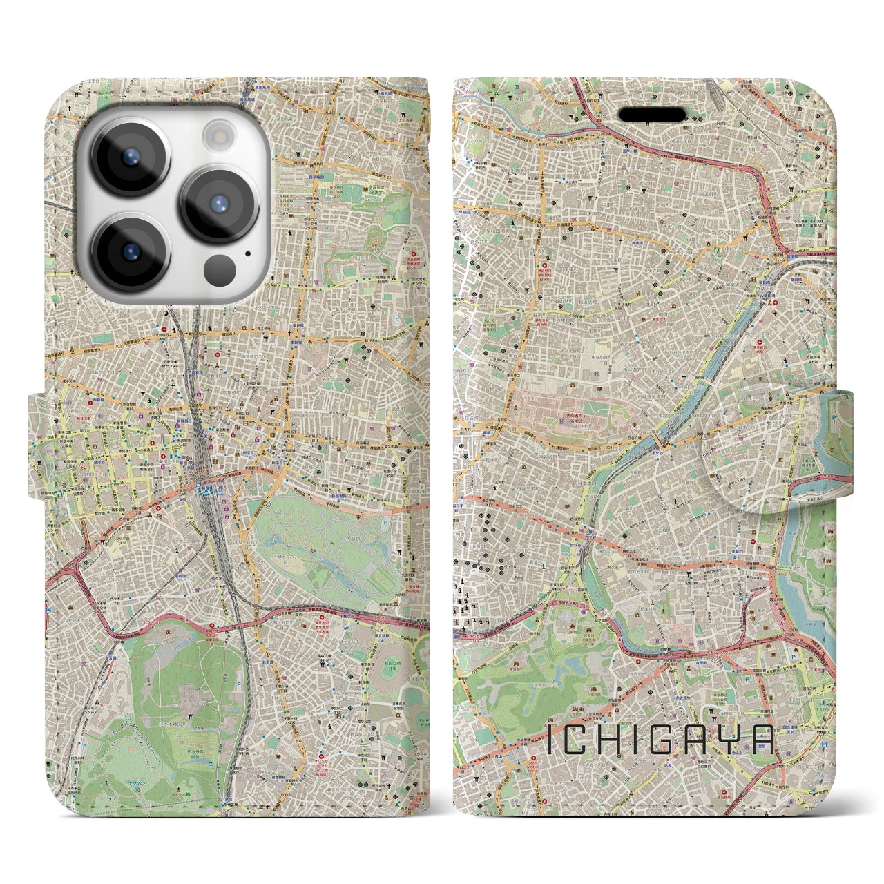 【市ケ谷（東京都）】地図柄iPhoneケース（手帳タイプ）ナチュラル・iPhone 14 Pro 用