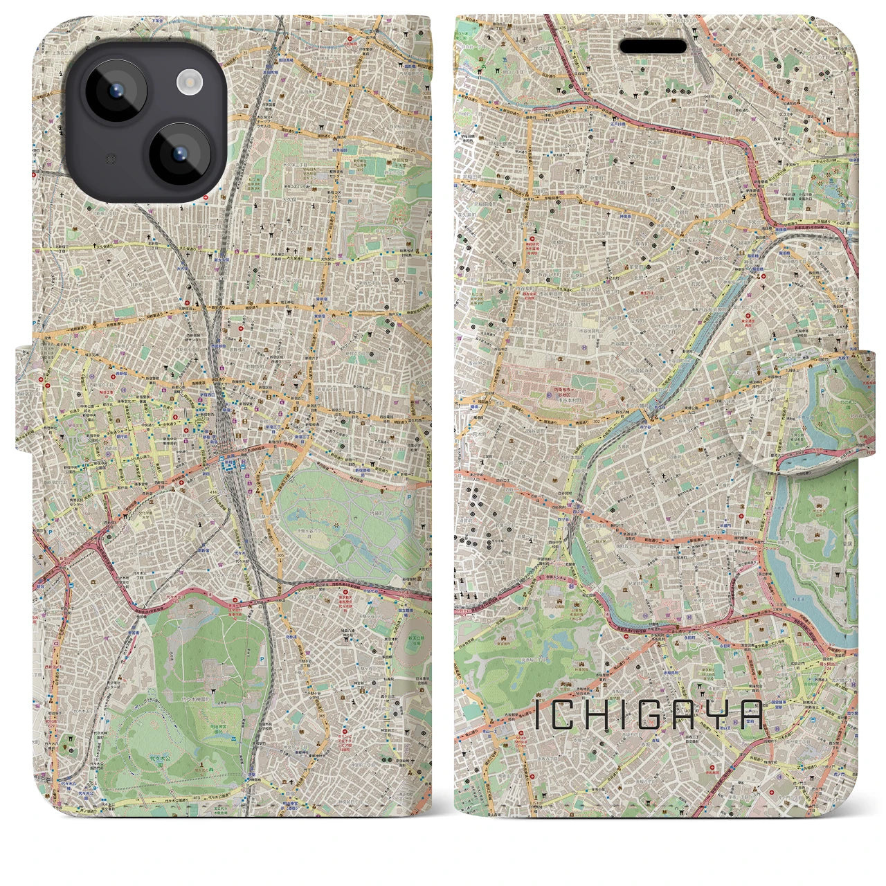 【市ケ谷（東京都）】地図柄iPhoneケース（手帳タイプ）ナチュラル・iPhone 14 Plus 用