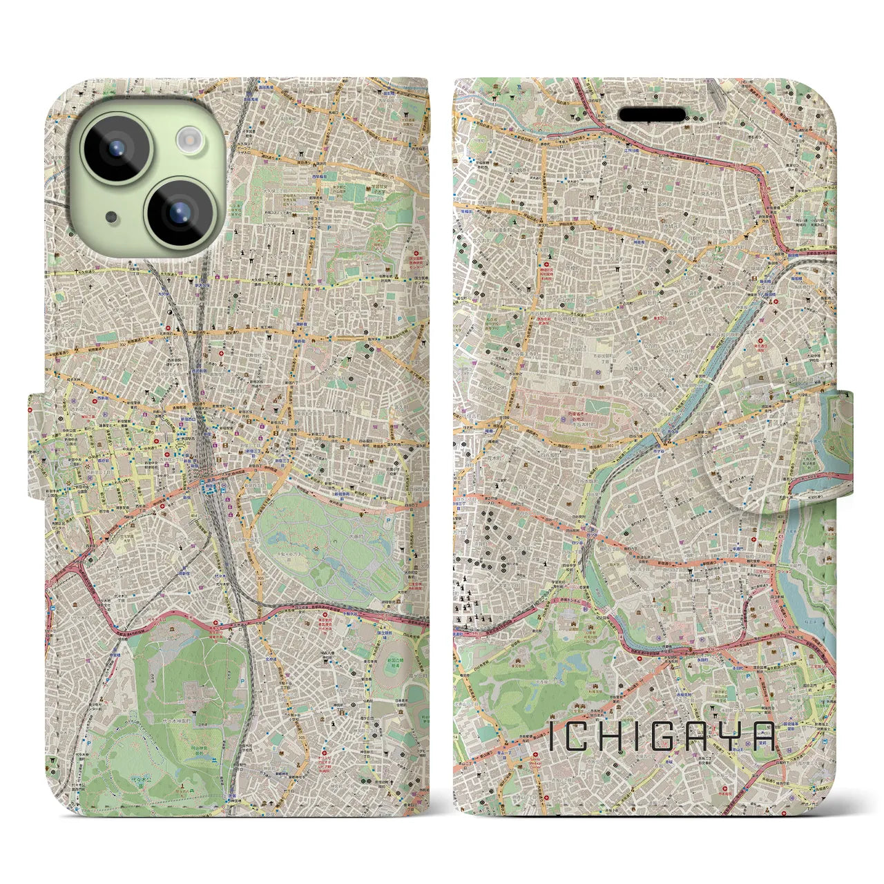 【市ケ谷（東京都）】地図柄iPhoneケース（手帳タイプ）ナチュラル・iPhone 15 用