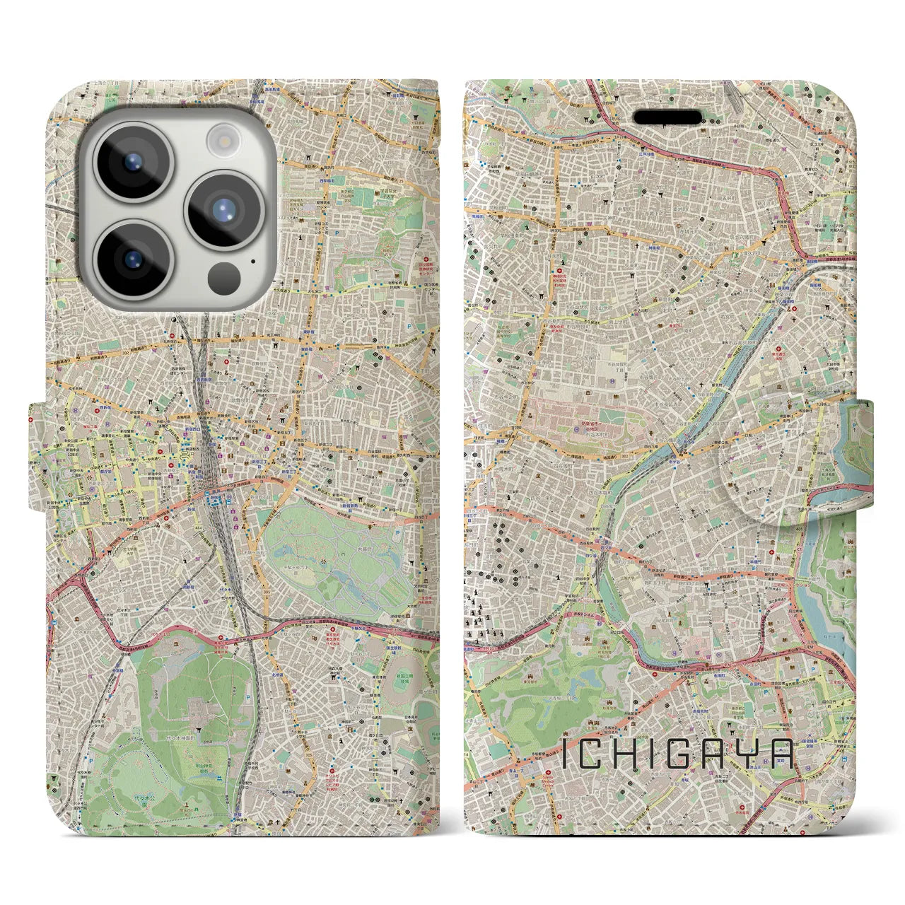 【市ケ谷（東京都）】地図柄iPhoneケース（手帳タイプ）ナチュラル・iPhone 15 Pro 用