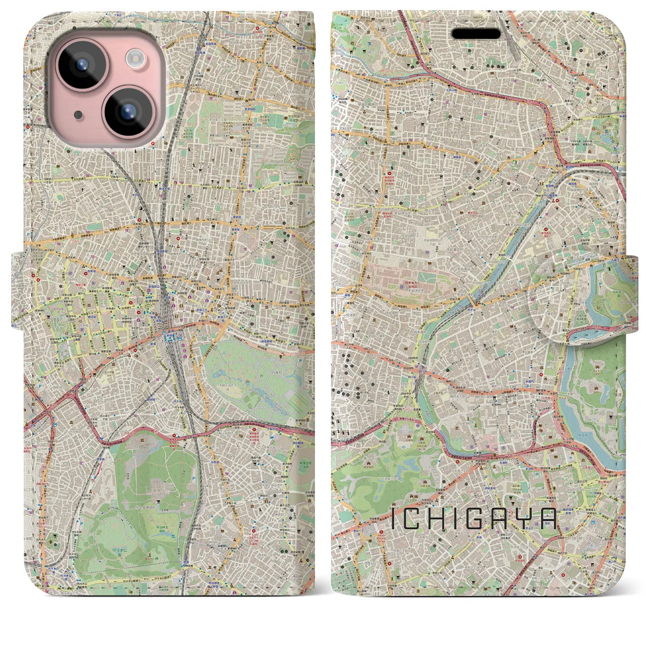 【市ケ谷（東京都）】地図柄iPhoneケース（手帳タイプ）ナチュラル・iPhone 15 Plus 用