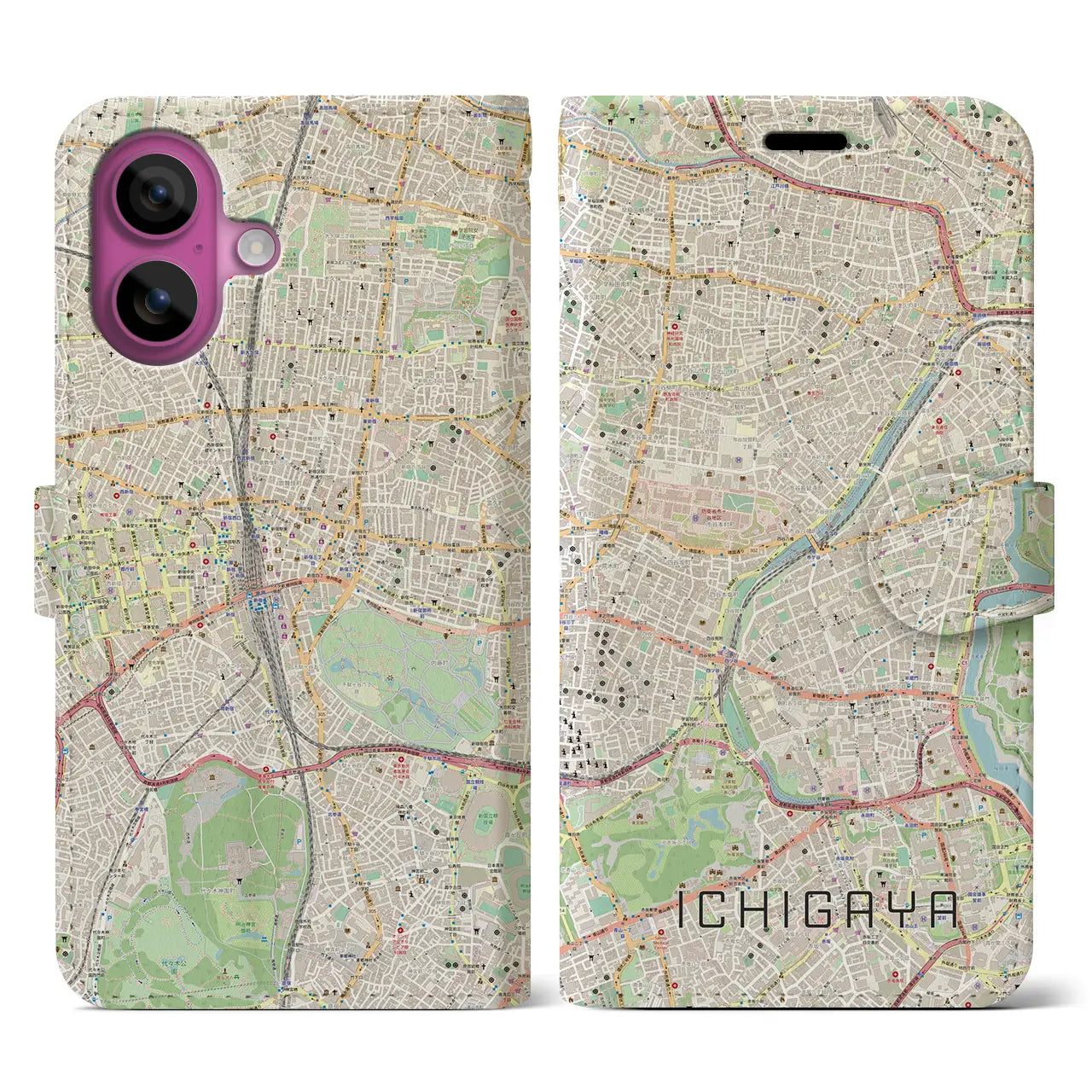 【市ケ谷（東京都）】地図柄iPhoneケース（手帳タイプ）ナチュラル・iPhone 16 Pro 用