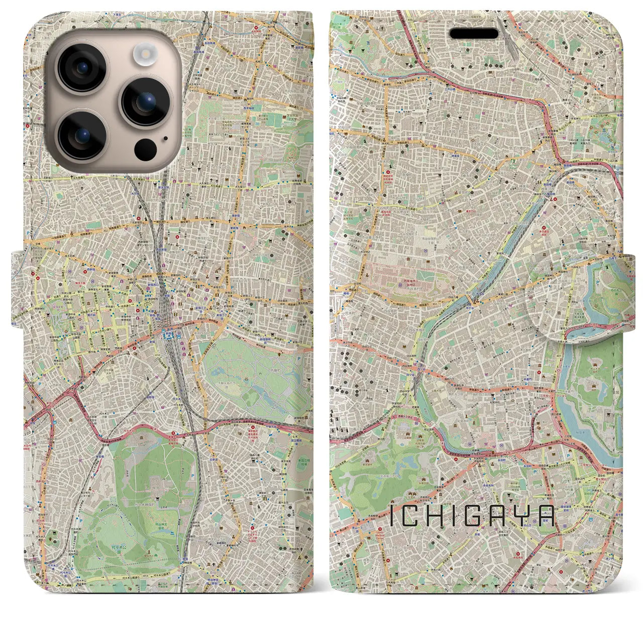 【市ケ谷（東京都）】地図柄iPhoneケース（手帳タイプ）ナチュラル・iPhone 16 Plus 用