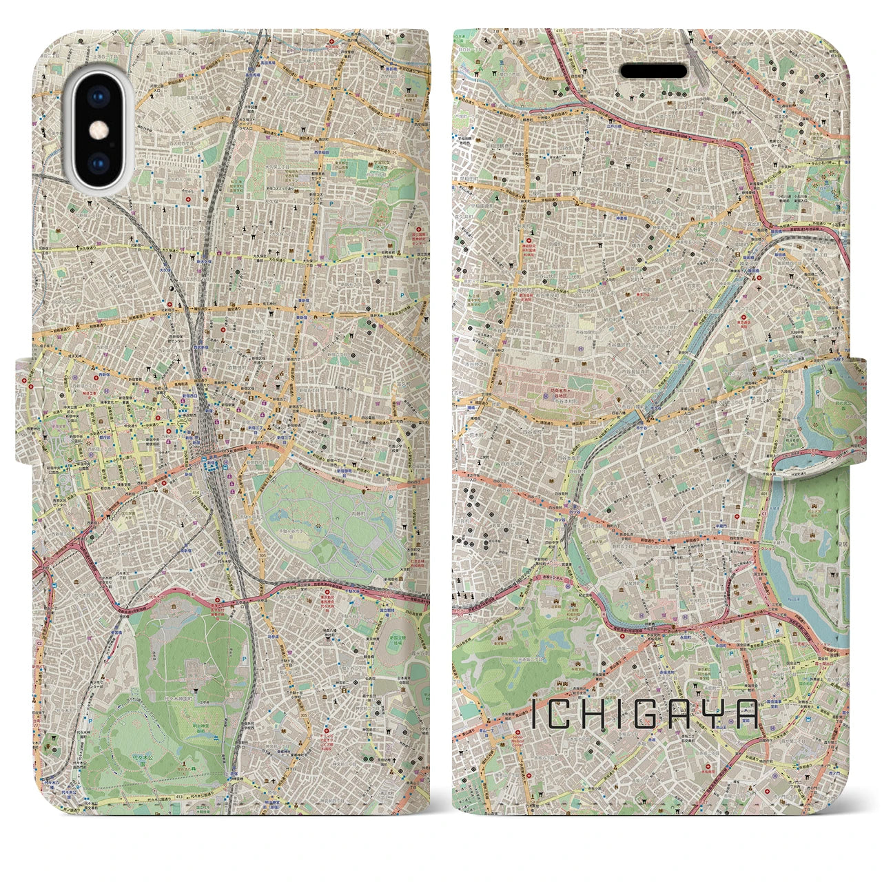 【市ケ谷（東京都）】地図柄iPhoneケース（手帳タイプ）ナチュラル・iPhone XS Max 用