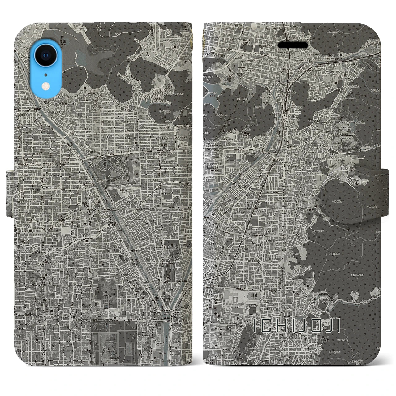 【一乗寺（京都府）】地図柄iPhoneケース（手帳タイプ）モノトーン・iPhone XR 用