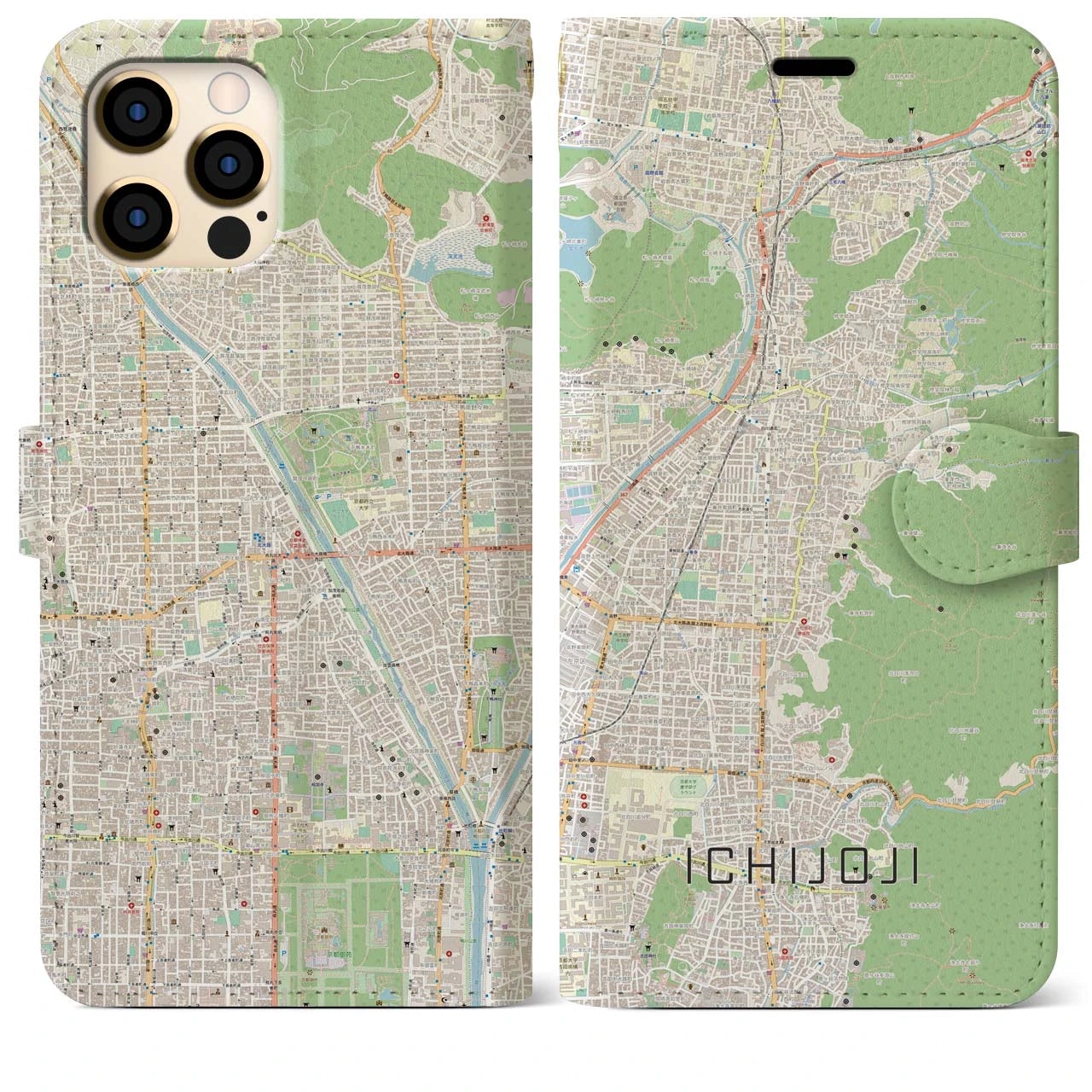 【一乗寺（京都府）】地図柄iPhoneケース（手帳タイプ）ナチュラル・iPhone 12 Pro Max 用