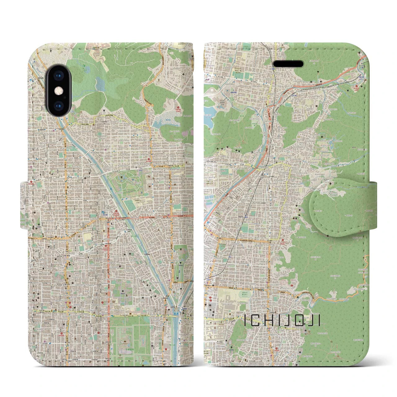 【一乗寺（京都府）】地図柄iPhoneケース（手帳タイプ）ナチュラル・iPhone XS / X 用