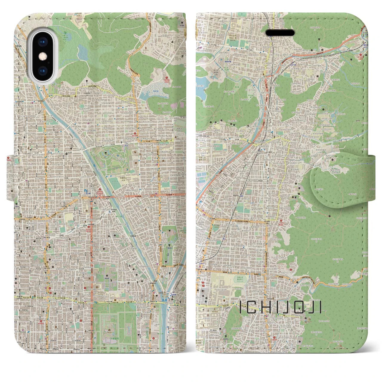 【一乗寺（京都府）】地図柄iPhoneケース（手帳タイプ）ナチュラル・iPhone XS Max 用