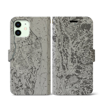 【市貝（栃木県）】地図柄iPhoneケース（手帳タイプ）モノトーン・iPhone 12 mini 用