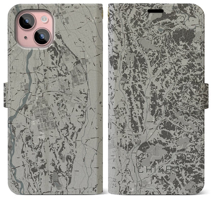 【市貝（栃木県）】地図柄iPhoneケース（手帳タイプ）モノトーン・iPhone 15 Plus 用