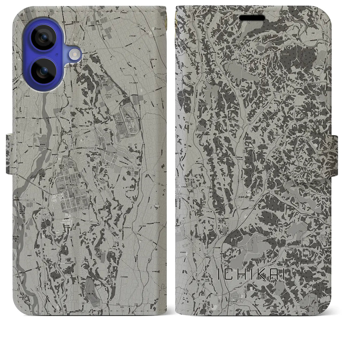 【市貝（栃木県）】地図柄iPhoneケース（手帳タイプ）モノトーン・iPhone 16 Pro Max 用