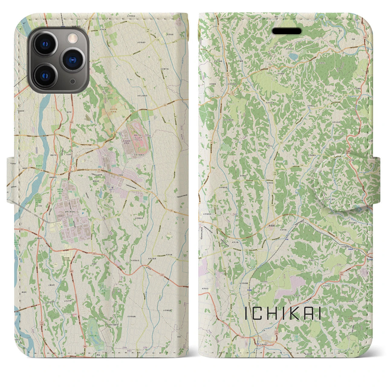 【市貝（栃木県）】地図柄iPhoneケース（手帳タイプ）ナチュラル・iPhone 11 Pro Max 用