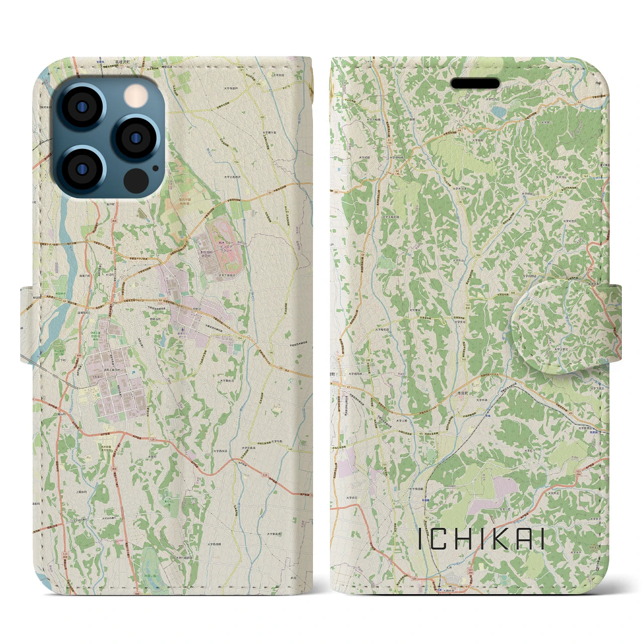 【市貝（栃木県）】地図柄iPhoneケース（手帳タイプ）ナチュラル・iPhone 12 / 12 Pro 用