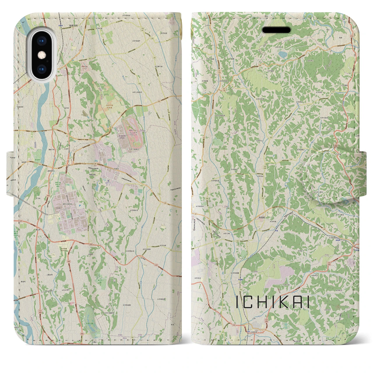 【市貝（栃木県）】地図柄iPhoneケース（手帳タイプ）ナチュラル・iPhone XS Max 用