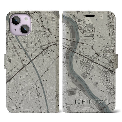 【市川（千葉県）】地図柄iPhoneケース（手帳タイプ）モノトーン・iPhone 14 用