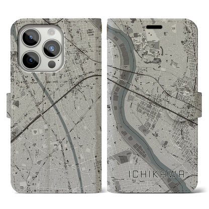 【市川（千葉県）】地図柄iPhoneケース（手帳タイプ）モノトーン・iPhone 15 Pro 用