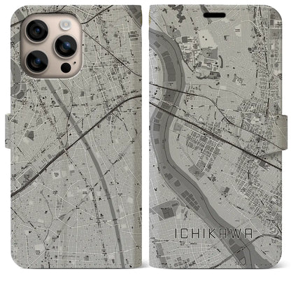 【市川（千葉県）】地図柄iPhoneケース（手帳タイプ）モノトーン・iPhone 16 Plus 用