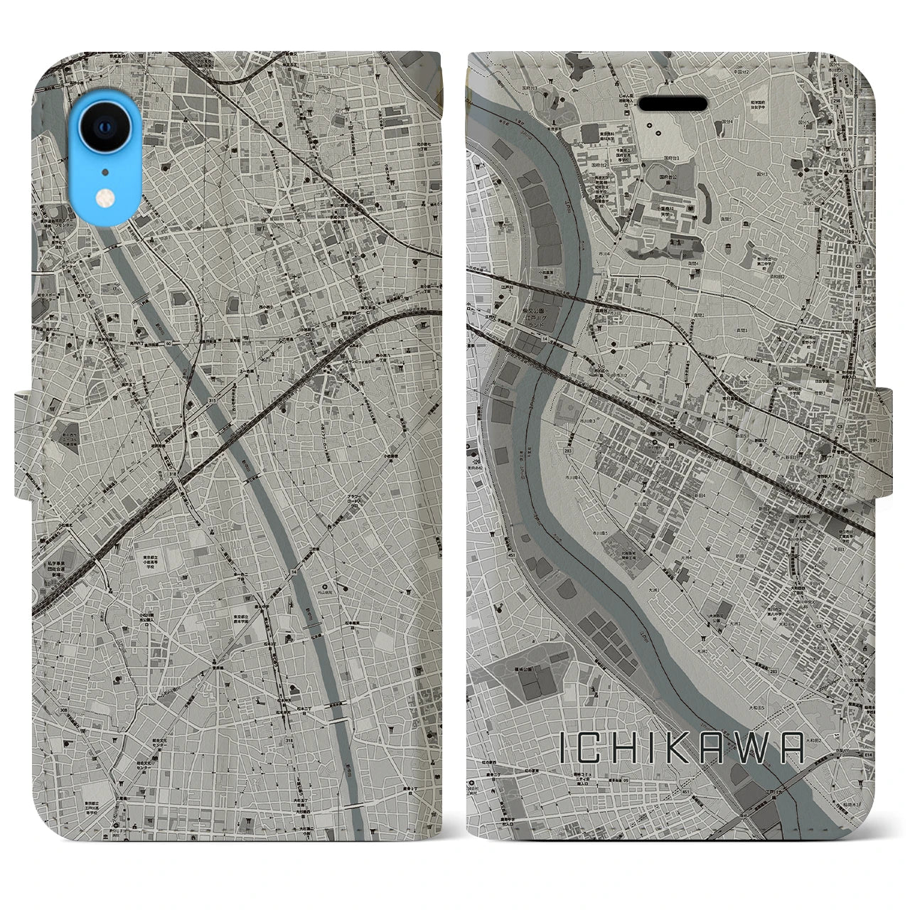 【市川】地図柄iPhoneケース（手帳両面タイプ・モノトーン）iPhone XR 用