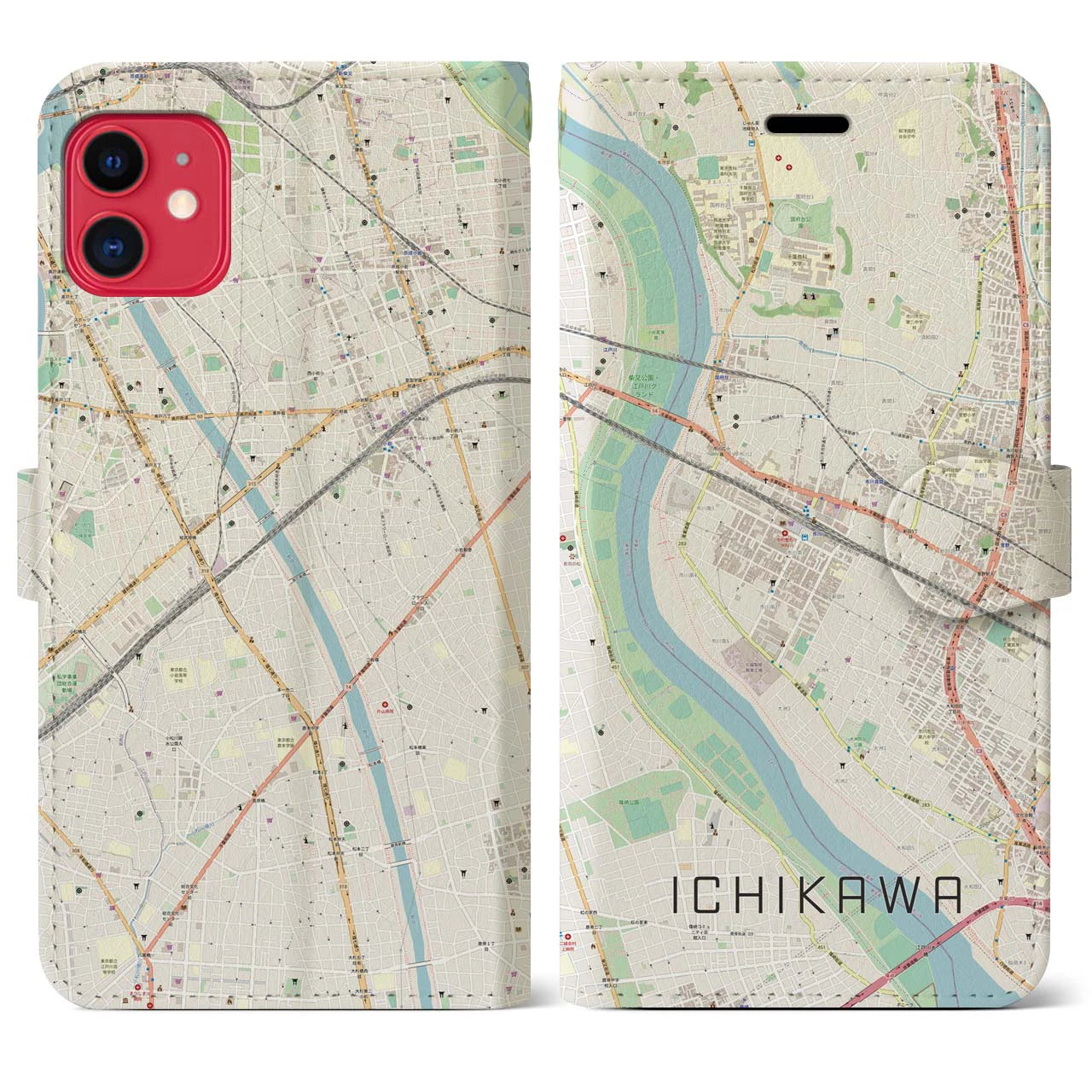 【市川（千葉県）】地図柄iPhoneケース（手帳タイプ）ナチュラル・iPhone 11 用