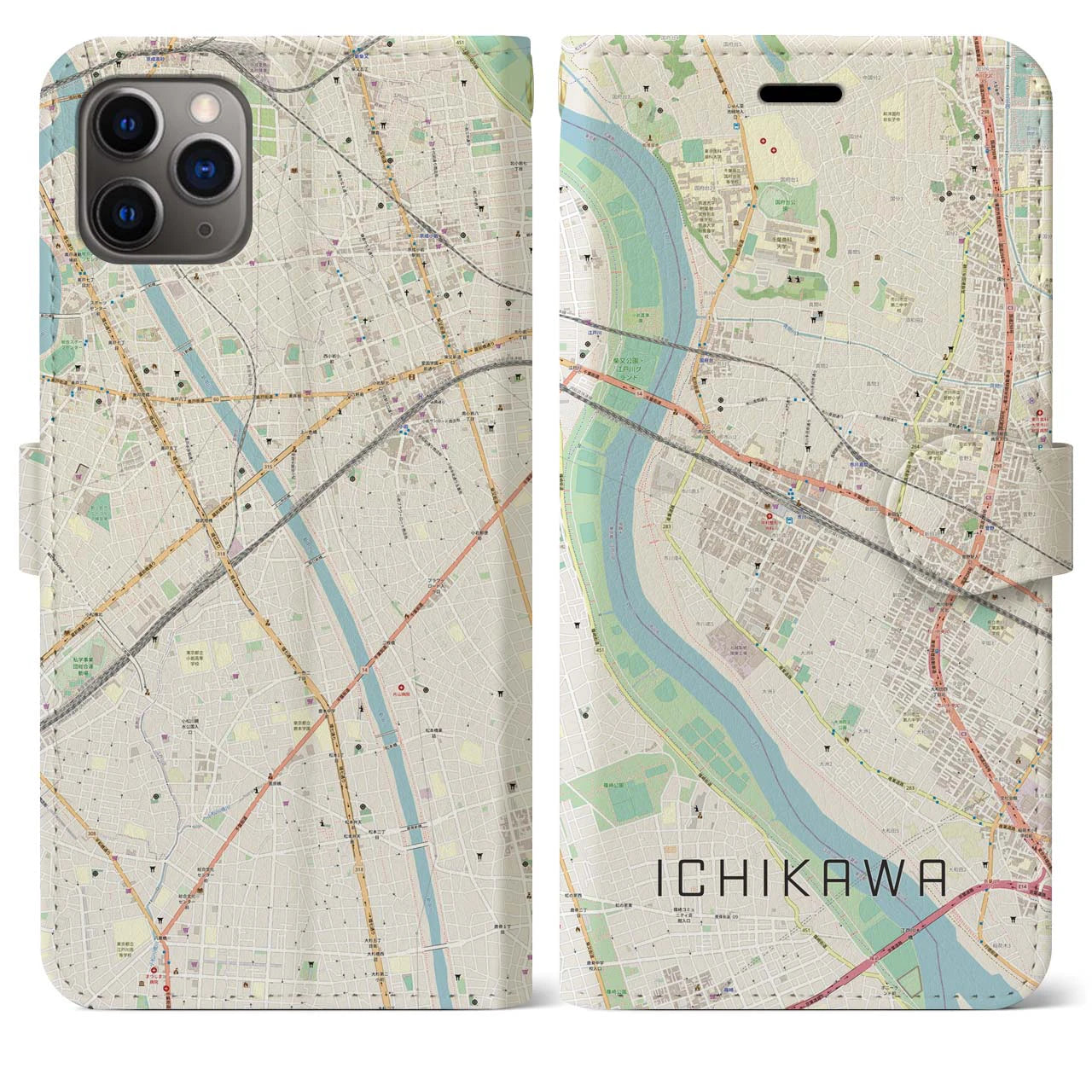 【市川（千葉県）】地図柄iPhoneケース（手帳タイプ）ナチュラル・iPhone 11 Pro Max 用