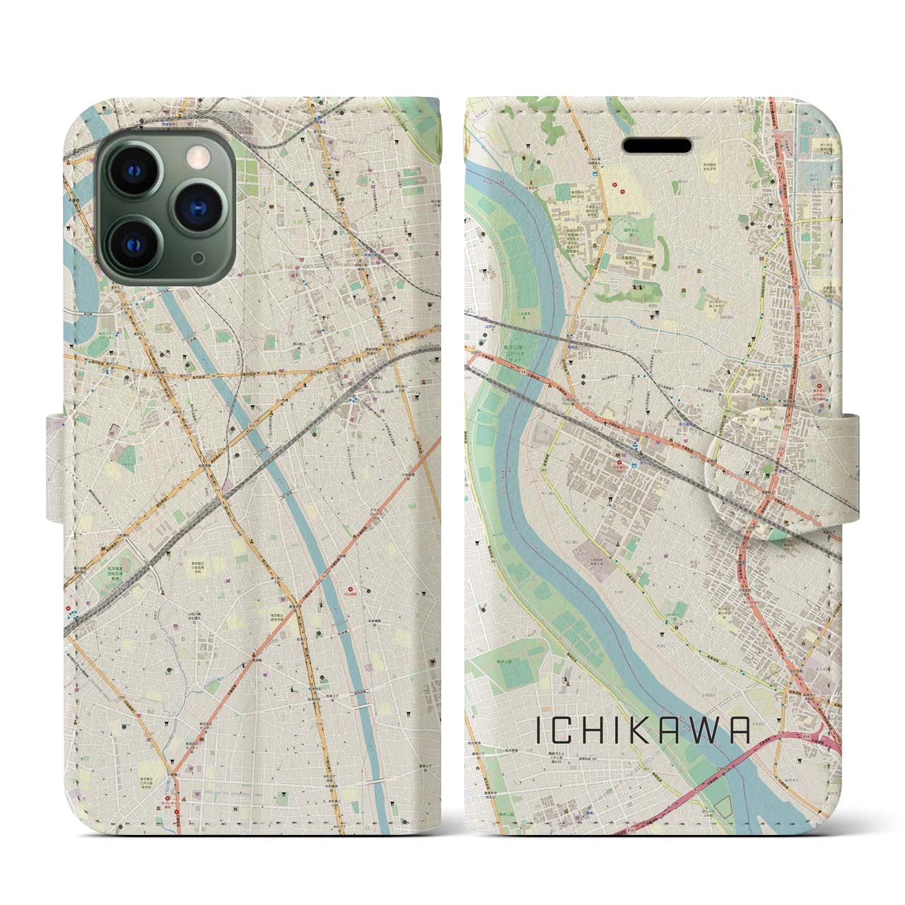 【市川（千葉県）】地図柄iPhoneケース（手帳タイプ）ナチュラル・iPhone 11 Pro 用