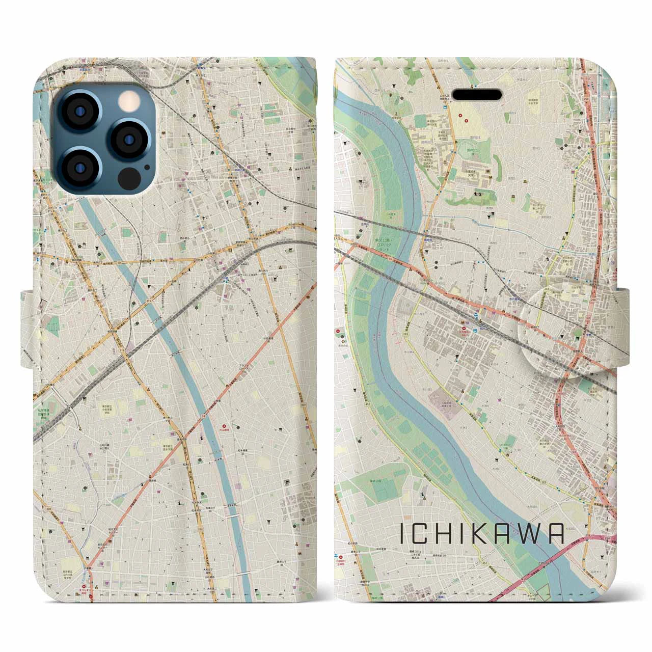 【市川（千葉県）】地図柄iPhoneケース（手帳タイプ）ナチュラル・iPhone 12 / 12 Pro 用