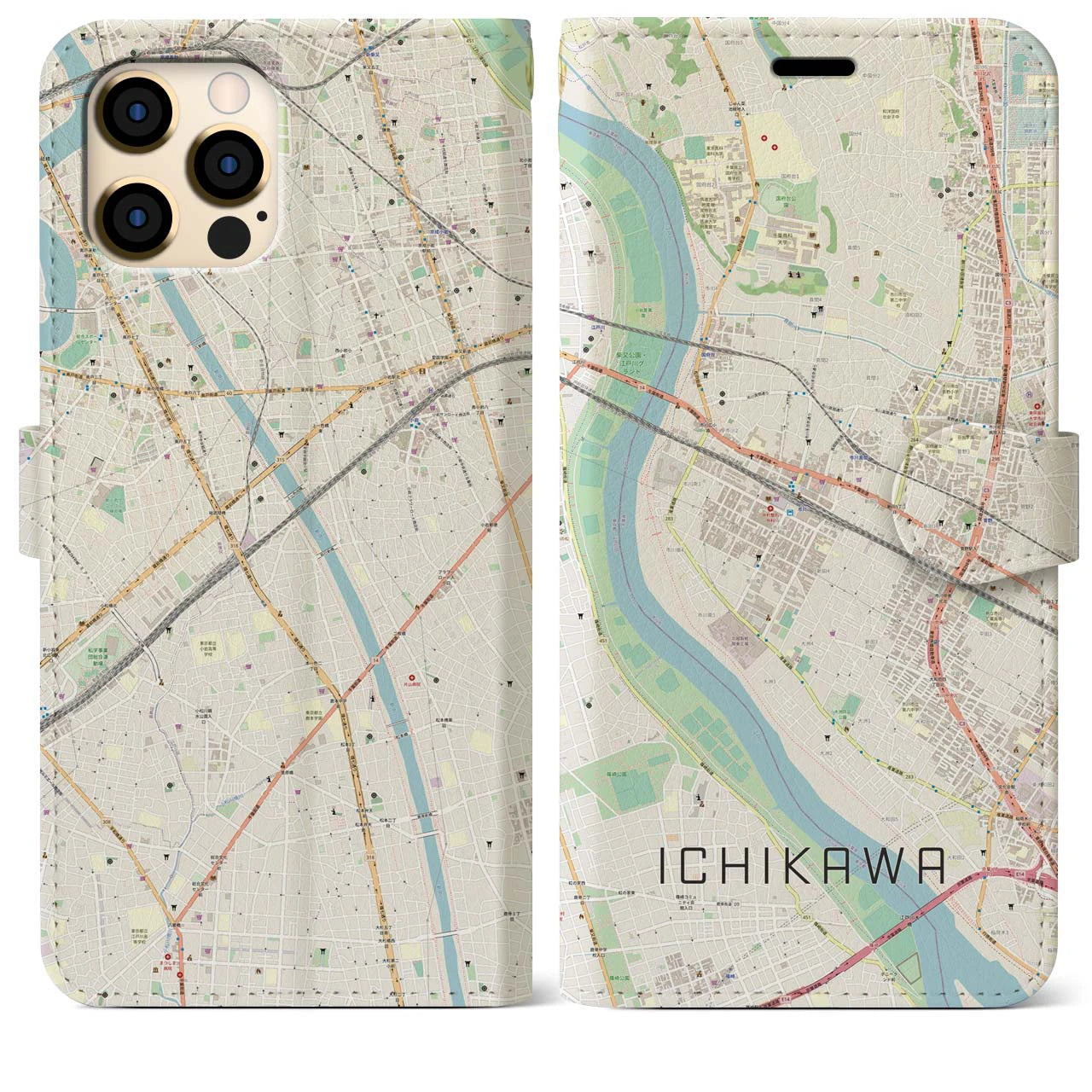 【市川（千葉県）】地図柄iPhoneケース（手帳タイプ）ナチュラル・iPhone 12 Pro Max 用