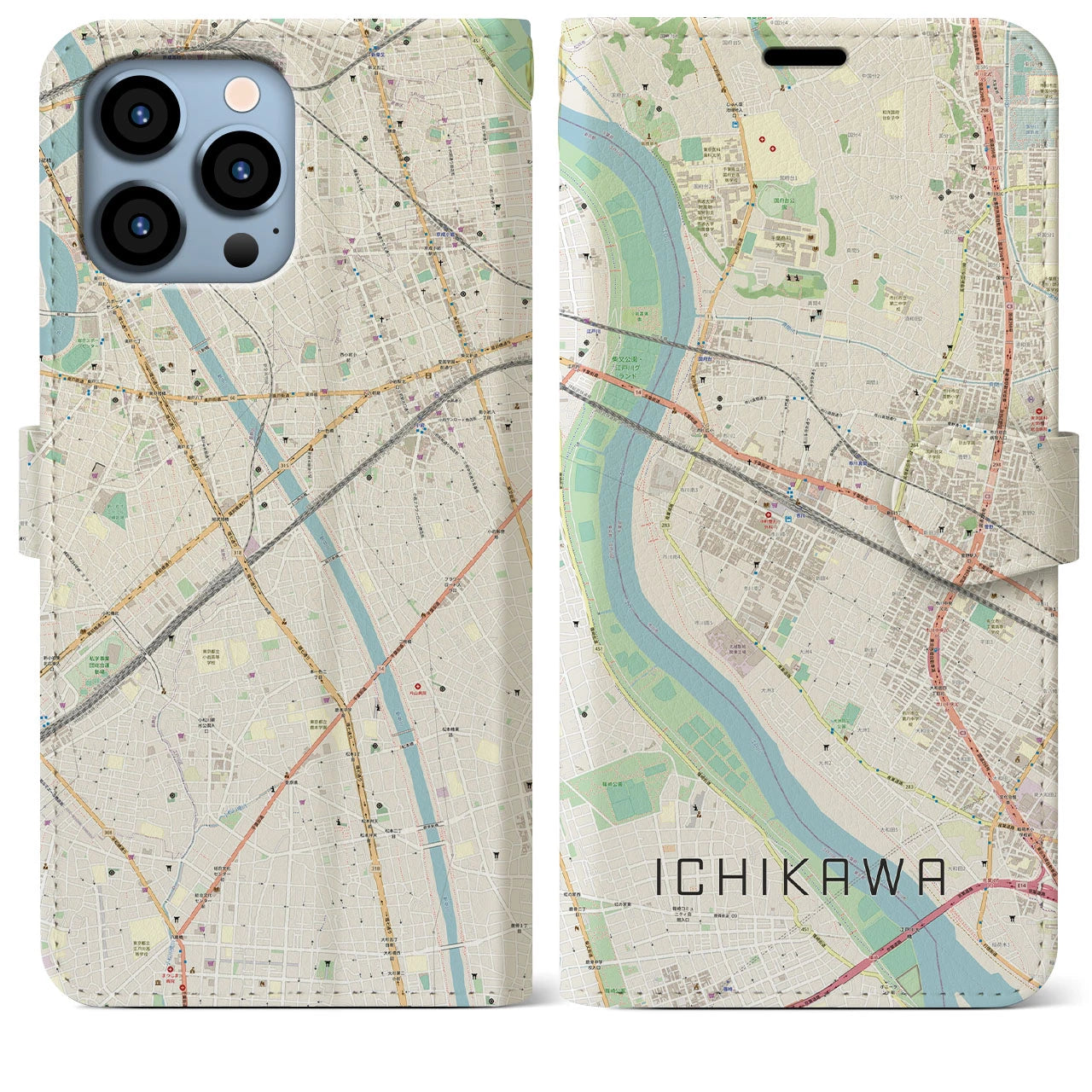 【市川（千葉県）】地図柄iPhoneケース（手帳タイプ）ナチュラル・iPhone 13 Pro Max 用