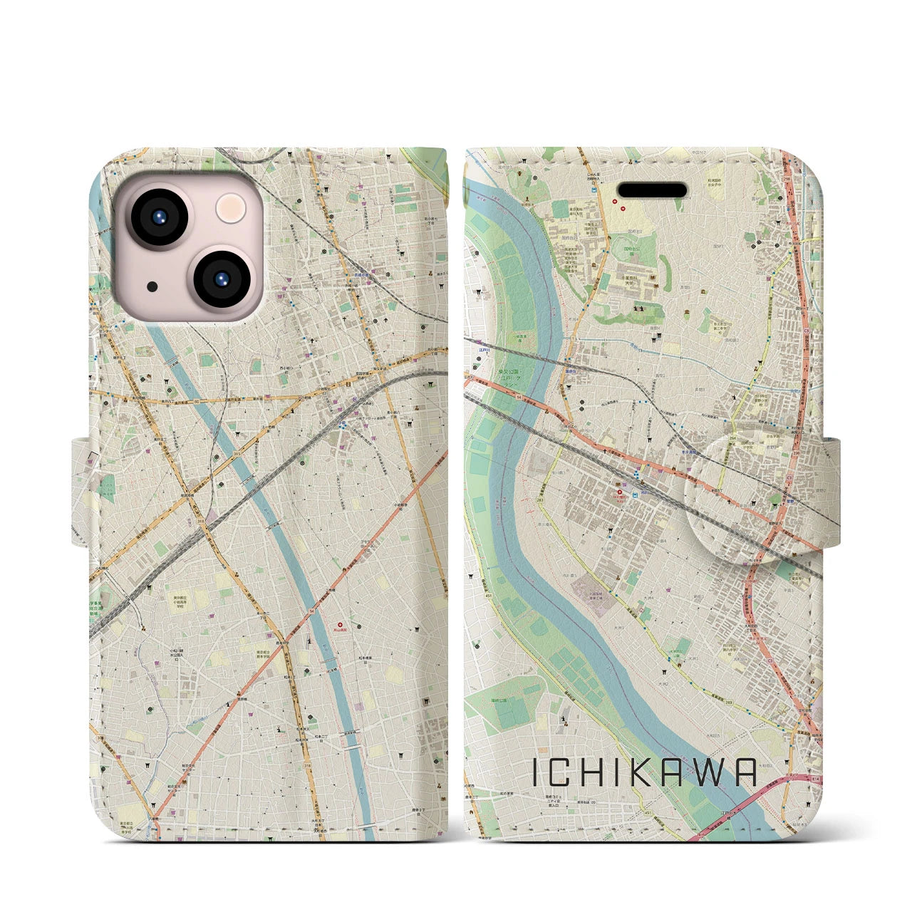 【市川（千葉県）】地図柄iPhoneケース（手帳タイプ）ナチュラル・iPhone 13 mini 用