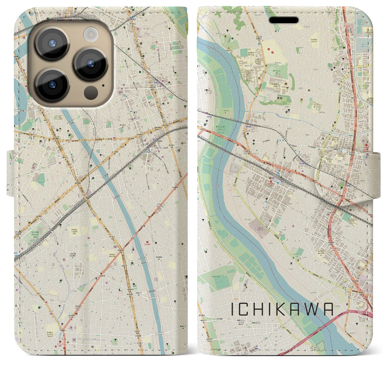 【市川（千葉県）】地図柄iPhoneケース（手帳タイプ）ナチュラル・iPhone 14 Pro Max 用