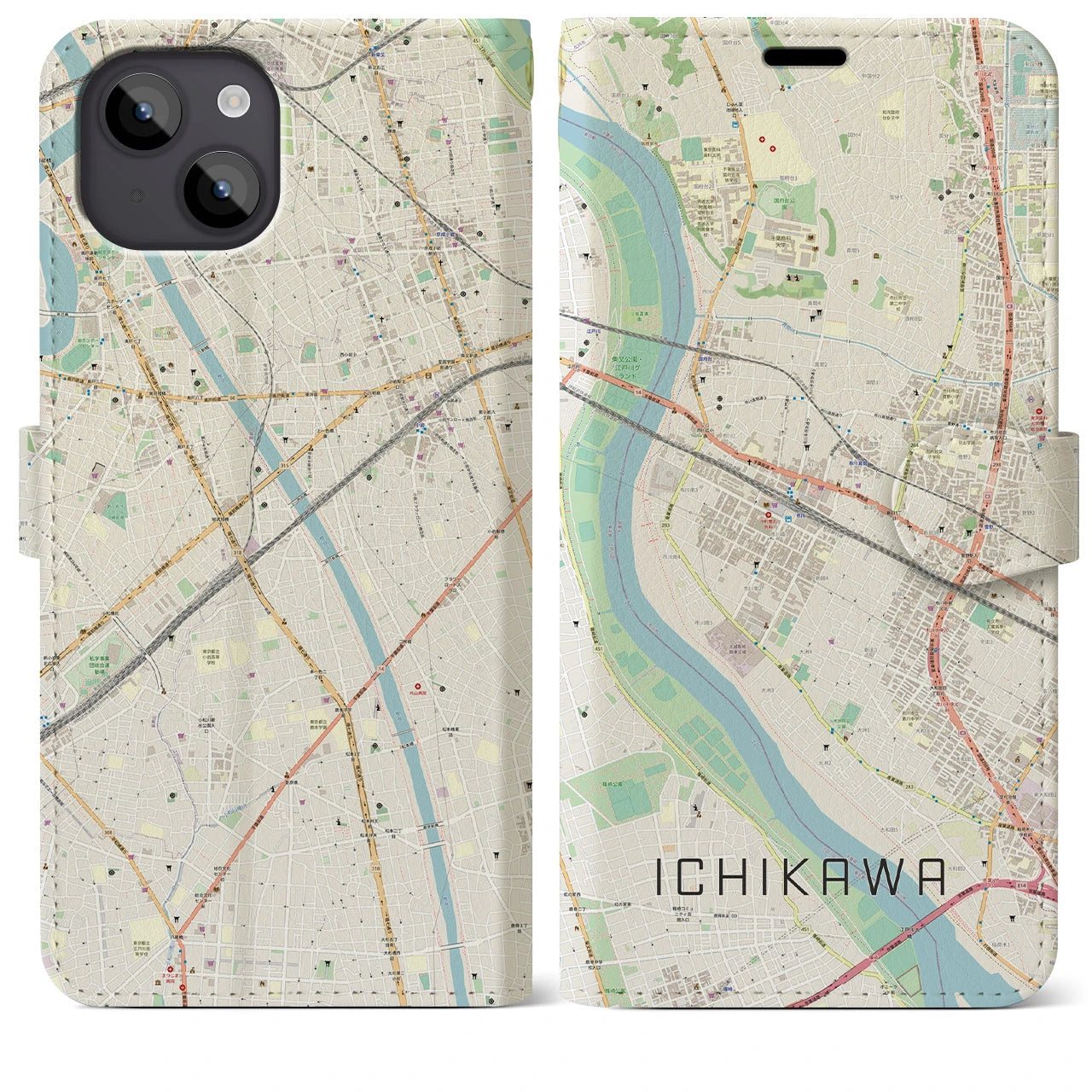 【市川（千葉県）】地図柄iPhoneケース（手帳タイプ）ナチュラル・iPhone 14 Plus 用