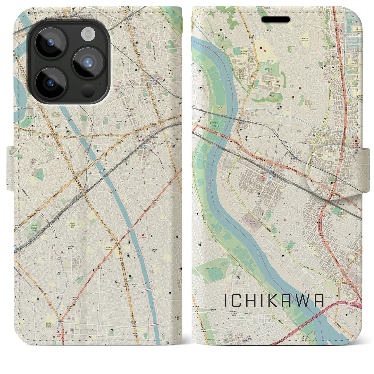 【市川（千葉県）】地図柄iPhoneケース（手帳タイプ）ナチュラル・iPhone 15 Pro Max 用