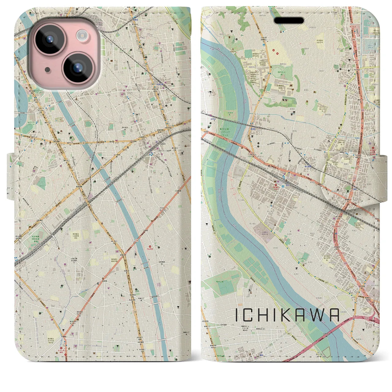 【市川（千葉県）】地図柄iPhoneケース（手帳タイプ）ナチュラル・iPhone 15 Plus 用