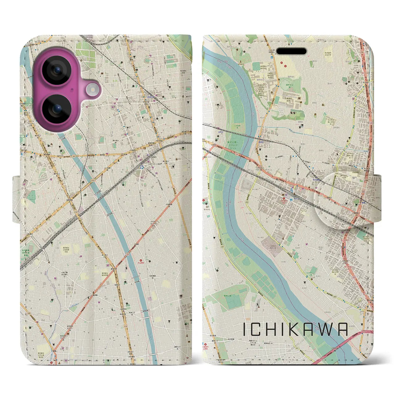 【市川（千葉県）】地図柄iPhoneケース（手帳タイプ）ナチュラル・iPhone 16 Pro 用