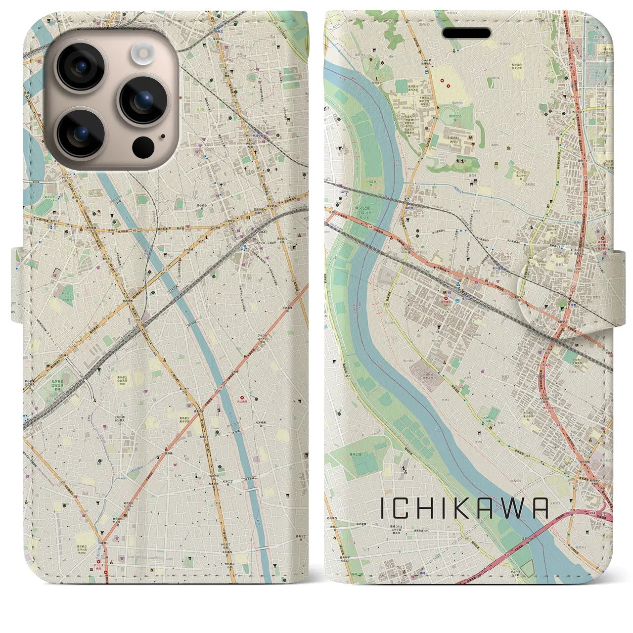 【市川（千葉県）】地図柄iPhoneケース（手帳タイプ）ナチュラル・iPhone 16 Plus 用