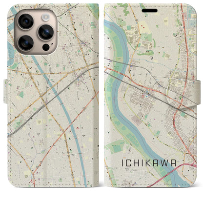 【市川（千葉県）】地図柄iPhoneケース（手帳タイプ）ナチュラル・iPhone 16 Plus 用