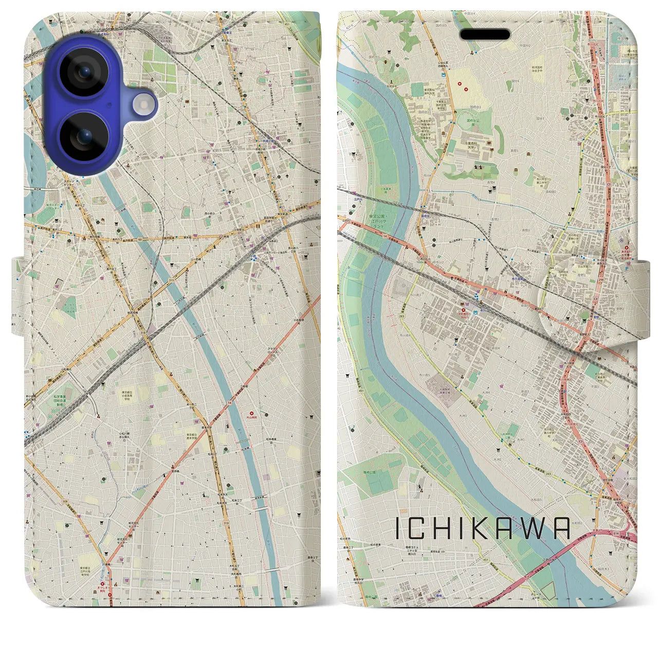 【市川（千葉県）】地図柄iPhoneケース（手帳タイプ）ナチュラル・iPhone 16 Pro Max 用