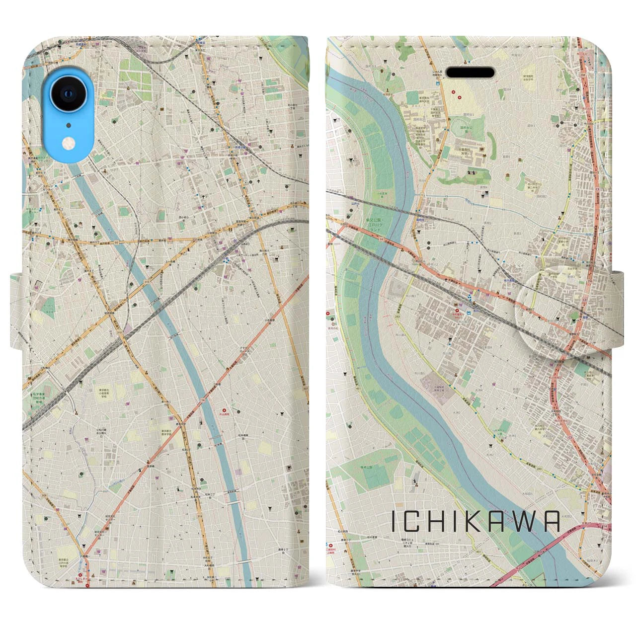 【市川（千葉県）】地図柄iPhoneケース（手帳タイプ）ナチュラル・iPhone XR 用